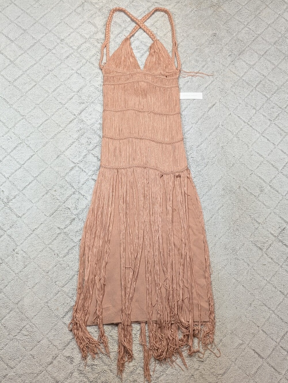 Jonathan Simkhai Dress Womens S Beige Macchiato Christabel Fringe Braided Straps